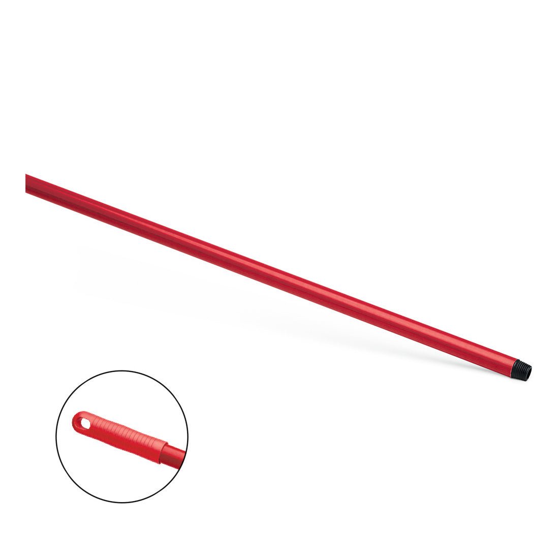 The Nölle Profi Brush HACCP fiberglass handle 150 cm from Nölle Profi Brush Bürsten- & Pinseltechnik e.K. is a red metal handle with a black threaded tip and a hanging hole at the end. The background is white, with an inset showing the hanging hole up close.