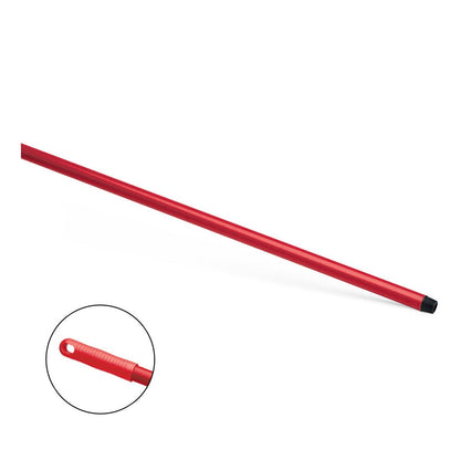 The Nölle Profi Brush HACCP fiberglass handle 150 cm from Nölle Profi Brush Bürsten- & Pinseltechnik e.K. is a red metal handle with a black threaded tip and a hanging hole at the end. The background is white, with an inset showing the hanging hole up close.