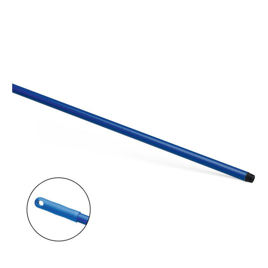 The Nölle Profi Brush HACCP fiberglass handle 150 cm from Nölle Profi Brush Bürsten- & Pinseltechnik e.K., shown here at an angle on white, has a blue textured grip, a black threaded tip, and a hanging hole - ideal for the food industry. The image shows a detail of the grip.