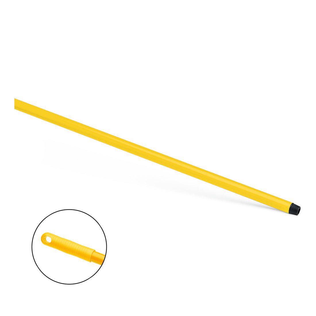 The yellow Nölle Profi Brush HACCP fiberglass handle 150 cm from Nölle Profi Brush Bürsten- & Pinseltechnik e.K. has a black threaded tip, a textured grip, and a hanging hole. Cut-out detail; white background.