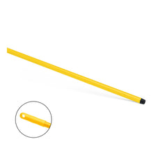 The yellow Nölle Profi Brush HACCP fiberglass handle 150 cm from Nölle Profi Brush Bürsten- & Pinseltechnik e.K. has a black threaded tip, a textured grip, and a hanging hole. Cut-out detail; white background.
