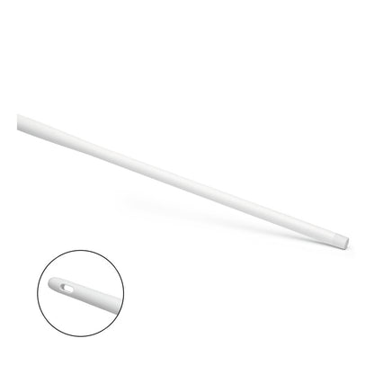 The Nölle Profi Brush HACCP Ergo Handle Plastic 145 cm from Nölle Profi Brush Brush & Paint Technique e.K. is a white plastic handle with an ergonomic design and beveled tip. The close-up shows the oval hole at the end of the handle against a plain white background.