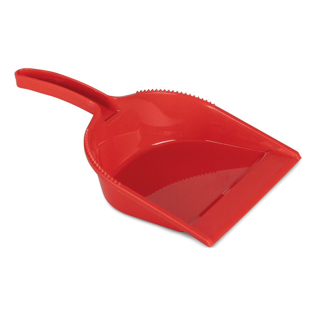 The Nölle Profi Brush HACCP dustpan without a lip is a red dustpan made of plastic with a handle and a flat front edge that is angled upwards and ribbed in the handle area. With an integrated hanging hole for storage. Brand: Nölle Profi Brush Bürsten- & Pinseltechnik e.K.