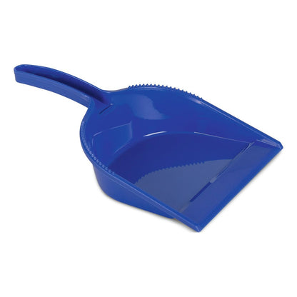 A blue Nölle Profi Brush HACCP dustpan without a lip made of plastic with a handle, serrated side edges, and a flat front edge lies empty on a white background. By Nölle Profi Brush Bürsten- & Pinseltechnik e.K.