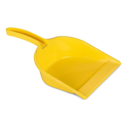 The Nölle Profi Brush HACCP dustpan without a lip, a yellow dustpan made of plastic with a flat edge, curved handle, and raised side grooves by Nölle Profi Brush Bürsten- & Pinseltechnik e.K., is depicted on a white background.