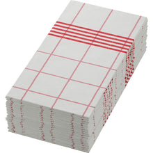 Neatly folded Dunisoft napkins 48 x 48 cm 1/8 book fold towels from Duni GmbH with a red checkered pattern and red cross stripes - perfect to add a high-quality touch to any set table.