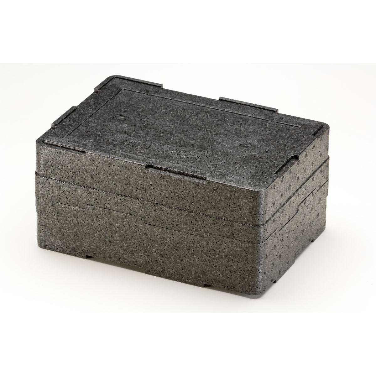 The black rectangular Thermobox 1 Black EPP from Duni GmbH, made of textured material with a snap-on lid, is shown against a white background. This EPP insulated box is perfect for keeping items safe and insulated during transport.