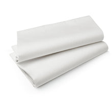 Two folded Evolin tablecloths 84x84 cm, white by Duni GmbH (pack of 84 pieces) are placed on a plain white background. The high-quality tablecloth looks smooth and clean.
