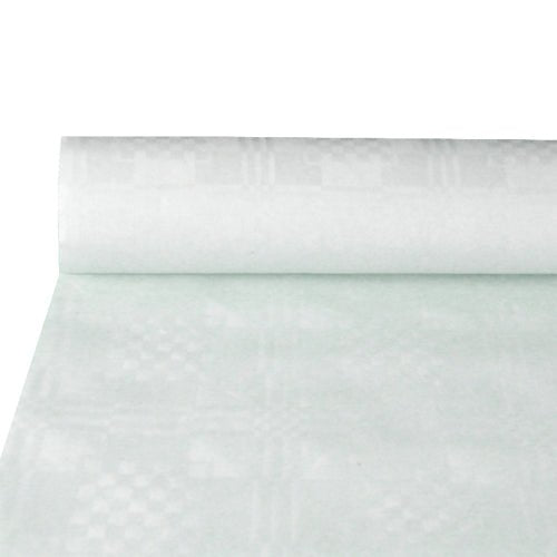 A partially unrolled roll of PAPSTAR GmbH paper tablecloth with damask embossing, white (10 m x 1.2 m), highlights the elegant structure - ideal for the stylishly set table. The simple background draws attention to the high-quality damask embossing.