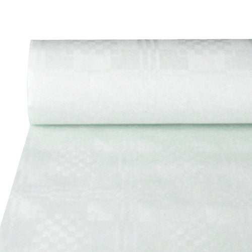 A roll of PAPSTAR paper tablecloth with damask embossing, white, 50 m x 1.2 m (foil), by PAPSTAR GmbH, partially rolled out flat.