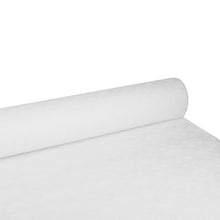 The PAPSTAR paper tablecloth with damask embossing in white (100 m x 1.2 m) by PAPSTAR GmbH is shown partially rolled out on a flat surface, with the finely structured damask pattern visible.