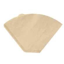 A single, flat, unbleached brown paper coffee filter 1x4 (190x150 mm) from Duni GmbH for 1L coffee machines, with a conical shape and a fluted edge, depicted on a white background. The package contains 200 pieces.