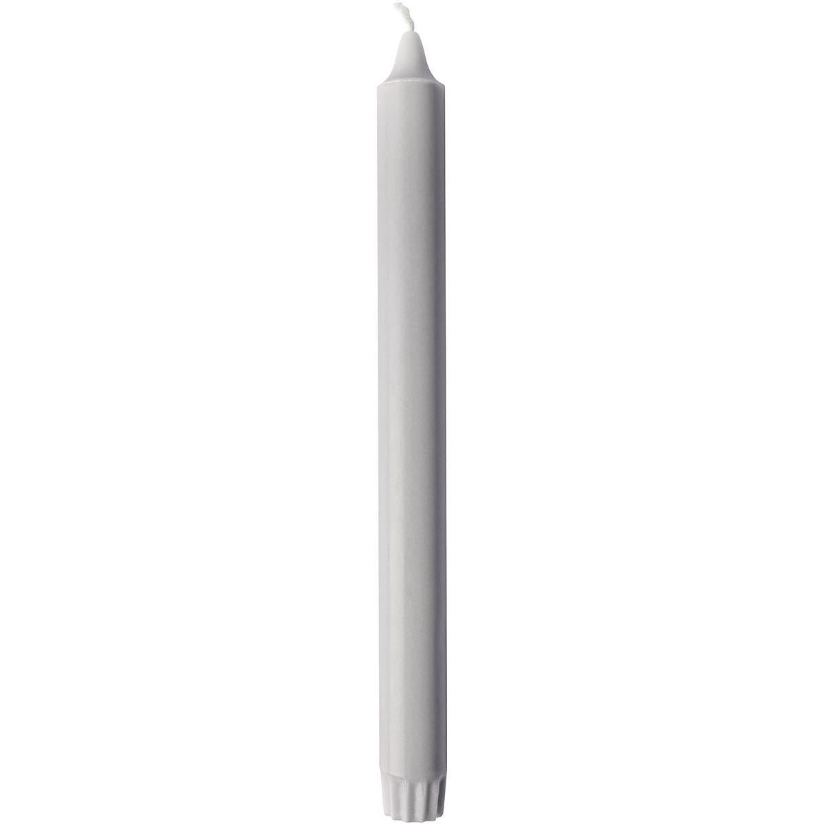 An unused white crown candle 100% stearin pillar candle from Duni GmbH (250 x 22 mm, 9h burn time) with visible wick and ribbed base stands upright against a plain background.