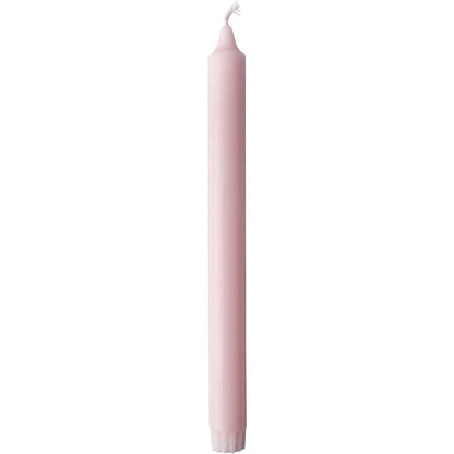 A tall, cylindrical, pink crown candle made of 100% stearin (250 x 22 mm, 9h) from Duni GmbH with an unlit white wick stands upright against a white background and is known for its long burn time.