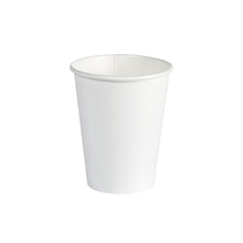 A Duni GmbH coffee cup, 240 ml, PAP/PLA White is depicted upright and empty against a white background. The cup has a simple, smooth design without markings or decorations. The package contains 40 pieces.