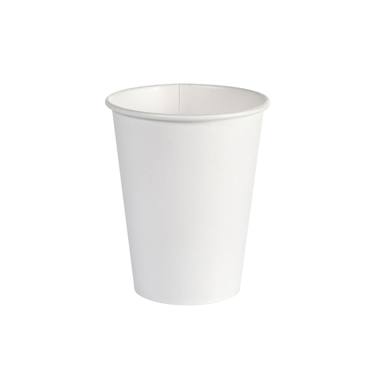 A white coffee mug made of PAP/PLA (350 ml) from Duni GmbH stands upright against a white background - eco-friendly disposable cup, pack of 50 pieces.