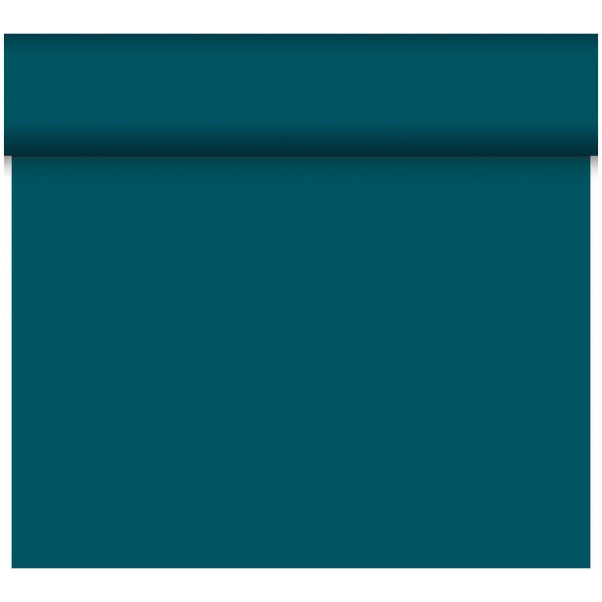 The Dunicel Tête-à-Tête table runner, measuring 24 m x 0.4 m (20 sections), from Duni GmbH in teal, is partially rolled out on a white background—ideal for stylish table decorations or elegant tête-à-tête settings.