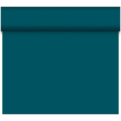 The Dunicel Tête-à-Tête table runner, measuring 24 m x 0.4 m (20 sections), from Duni GmbH in teal, is partially rolled out on a white background—ideal for stylish table decorations or elegant tête-à-tête settings.