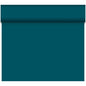 The Dunicel table runner Tête-à-Tête 24 m x 0.4 m (20 sections) by Duni GmbH in teal is partially unrolled on a white background - ideal for stylish table decorations or elegant tête-à-tête situations.