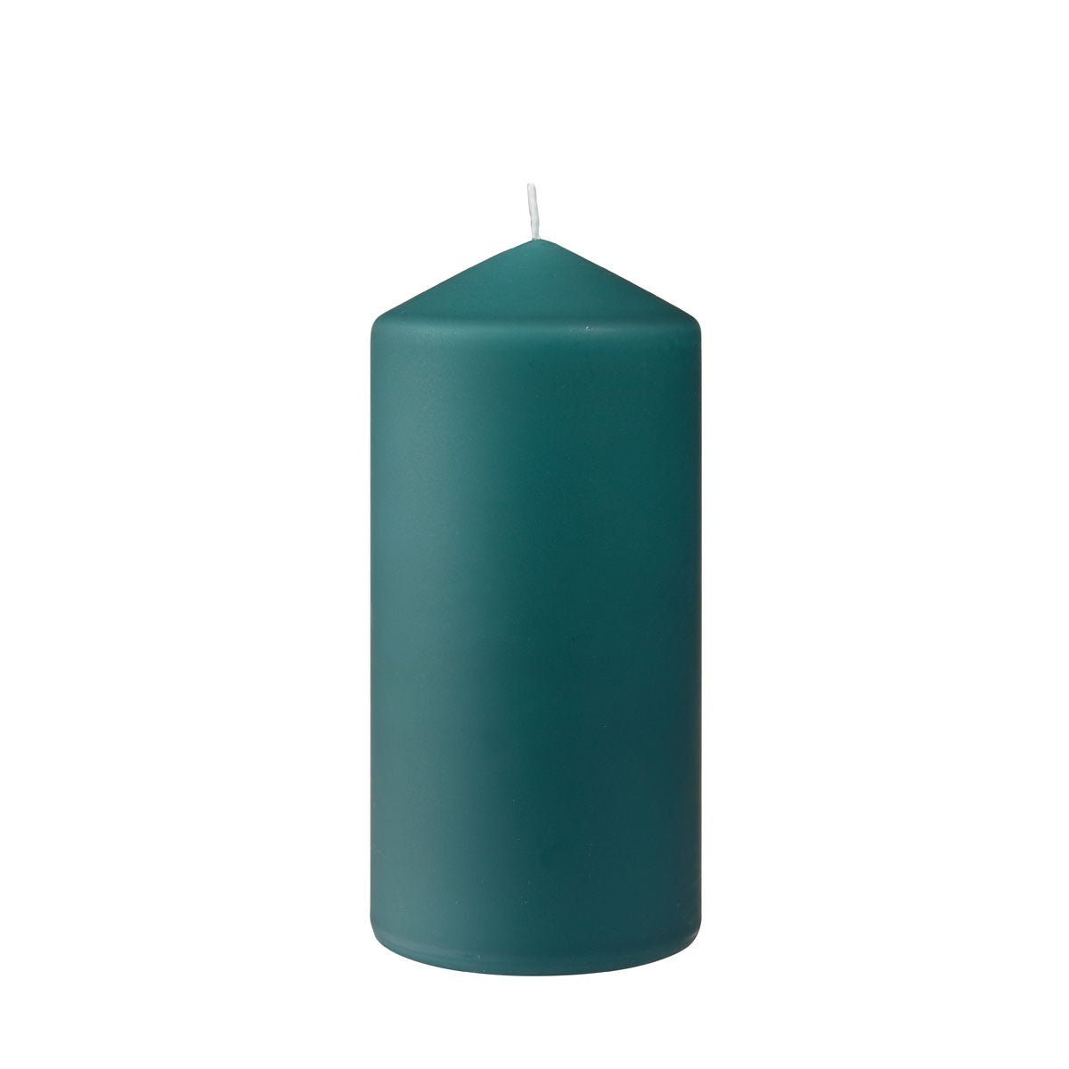 A cylindrical, dark green pillar candle by Duni GmbH (150 x 70 mm) with a pointed tip and white wick on a white background. Offers approx. 50h burn time for long-lasting ambiance.