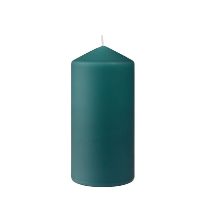 A cylindrical, dark green pillar candle by Duni GmbH (150 x 70 mm) with a pointed tip and white wick on a white background. Offers approx. 50h burn time for long-lasting ambiance.