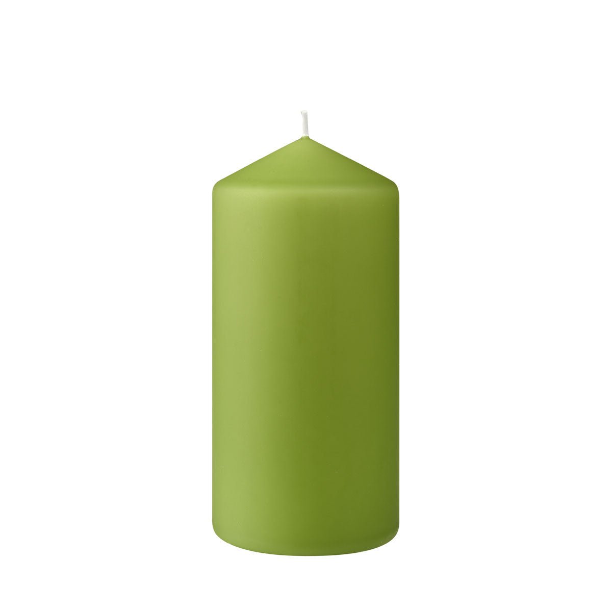 A green Duni GmbH pillar candle (approx. 50h, 150 x 70 mm) with a pointed tip and visible white wick stands upright on a plain white background - ideal for elegant settings with up to 50 hours of burn time.