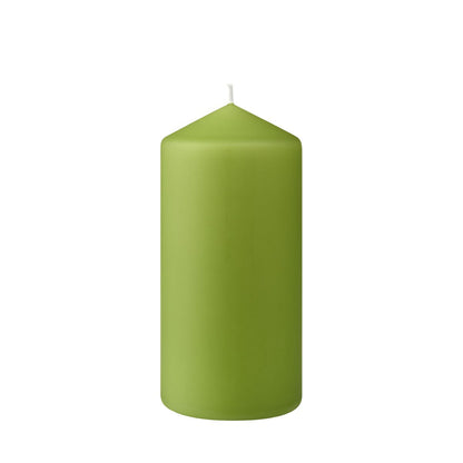 A green Duni GmbH pillar candle (approx. 50h, 150 x 70 mm) with a pointed tip and visible white wick stands upright on a plain white background - ideal for elegant settings with up to 50 hours of burn time.