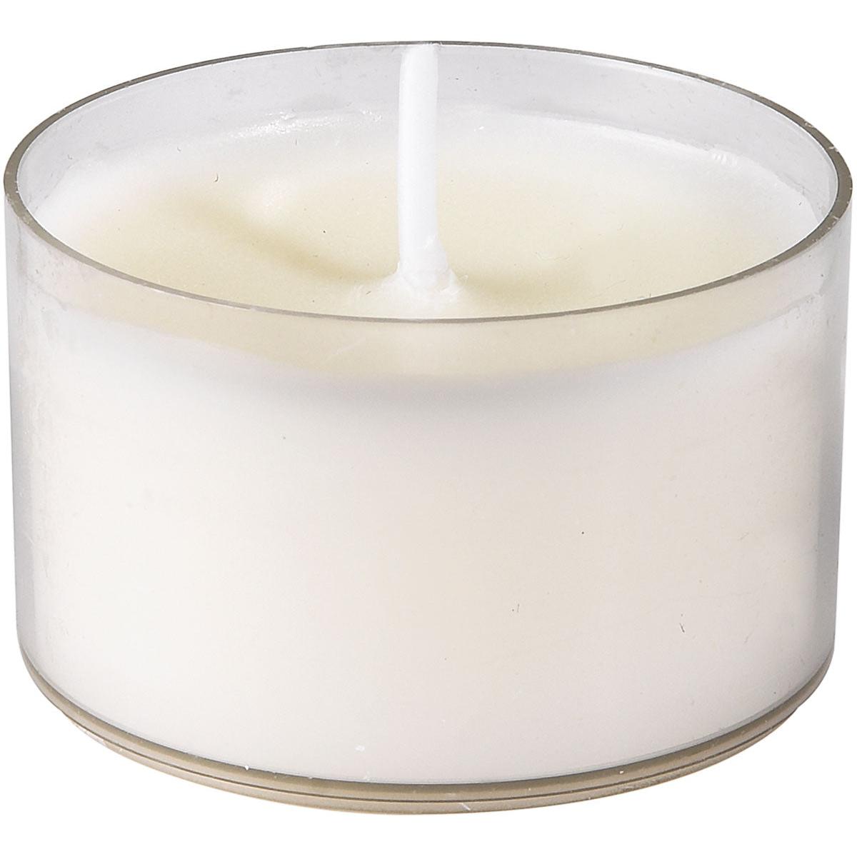 A Duni GmbH tealights, Ø39 mm, white in recycled PC cup holder with unused wick, environmentally friendly and with 6 hours burning time; pack contains 50 pieces. Slightly tilted view.