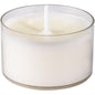 A Duni GmbH tealights, Ø39 mm, white in recycled PC cup holder with unused wick, environmentally friendly and with 6 hours burning time; pack contains 50 pieces. Slightly tilted view.