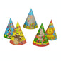 The PAPSTAR 5 hats from PAPSTAR GmbH consist of five colorful, cone-shaped birthday hats with the inscription "Happy Birthday" and comic animals like monkey, elephant, and lion in colorful designs, arranged on a white background.