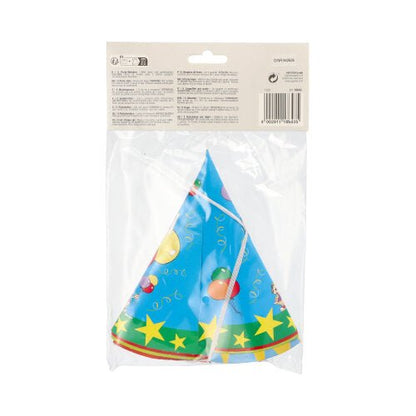 In a clear packaging from PAPSTAR GmbH are five colorful, cone-shaped party hats "PAPSTAR 5 hats" with festive motifs included, with a user manual and a barcode attached on the top label.