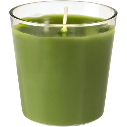 The refill Switch & Shine from Duni GmbH is a green refill candle (~30 hours burn time, 65x65 mm) in a clear glass with a single, centrally arranged white wick.