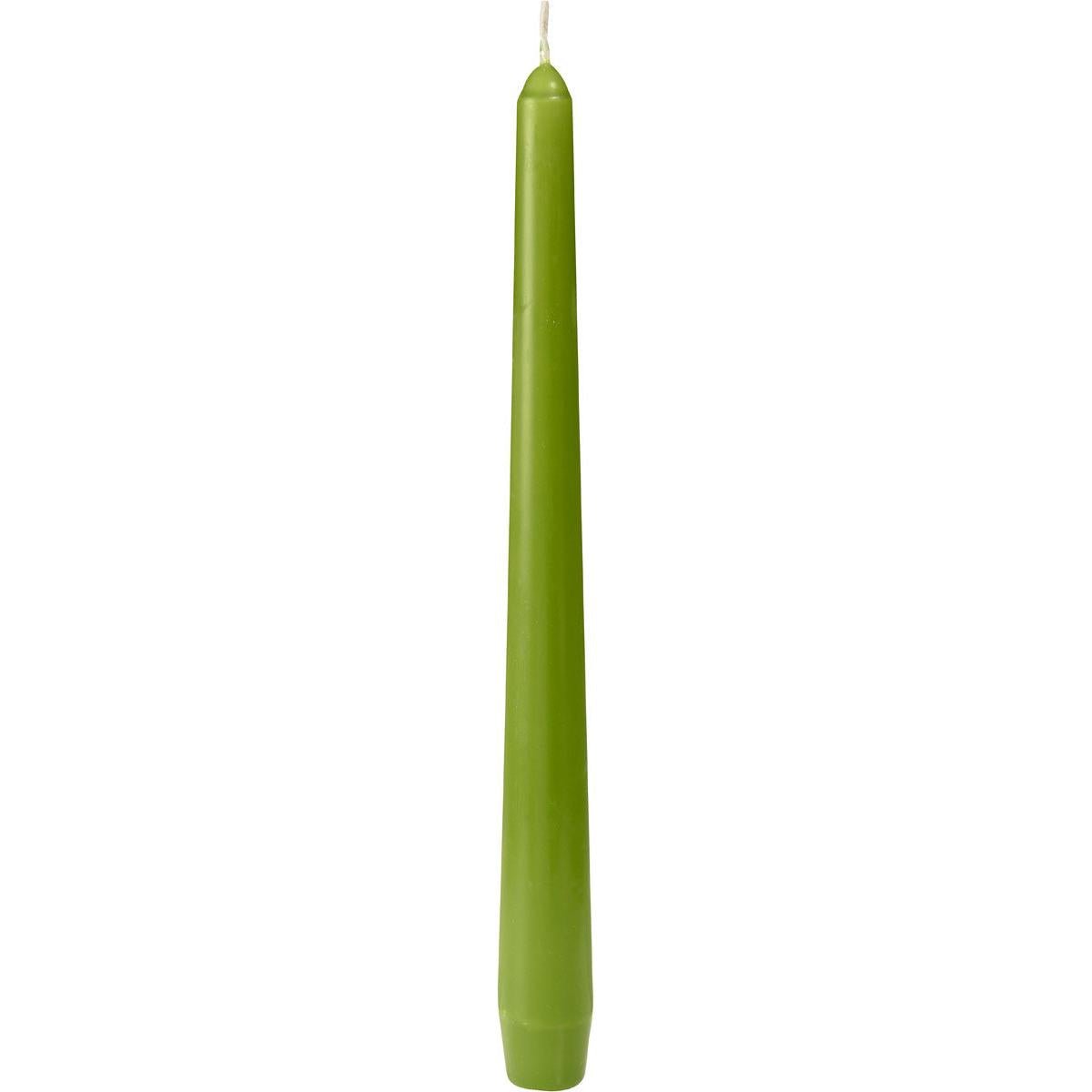 A taper candle from Duni GmbH (250 x 22 mm, green, approx. 7h burn time) stands upright with a pointed tip and visible wick against a plain white background.