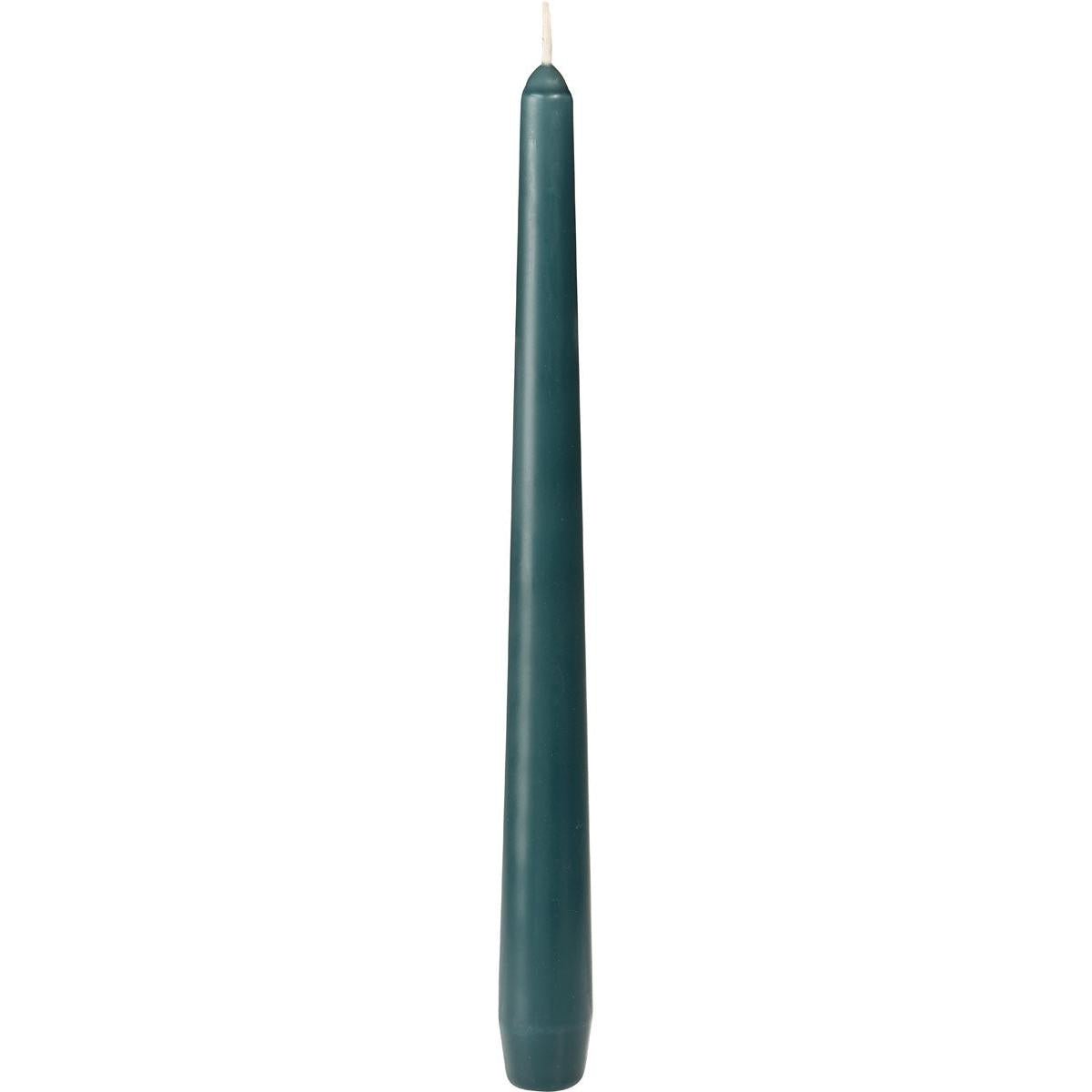 A single dark green taper candle from Duni GmbH (250 x 22 mm, approx. 7h burn time) with a smooth surface and white wick stands upright against a white background.