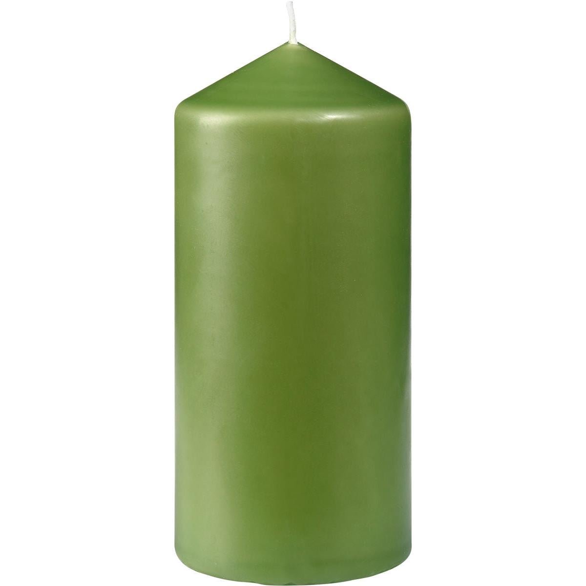 The Duni GmbH pillar candle, approx. 40h, 130 x 60 mm, with a smooth green surface and white wick, stands upright against a simple white background - perfect for a long-lasting ambiance with a long burn time.