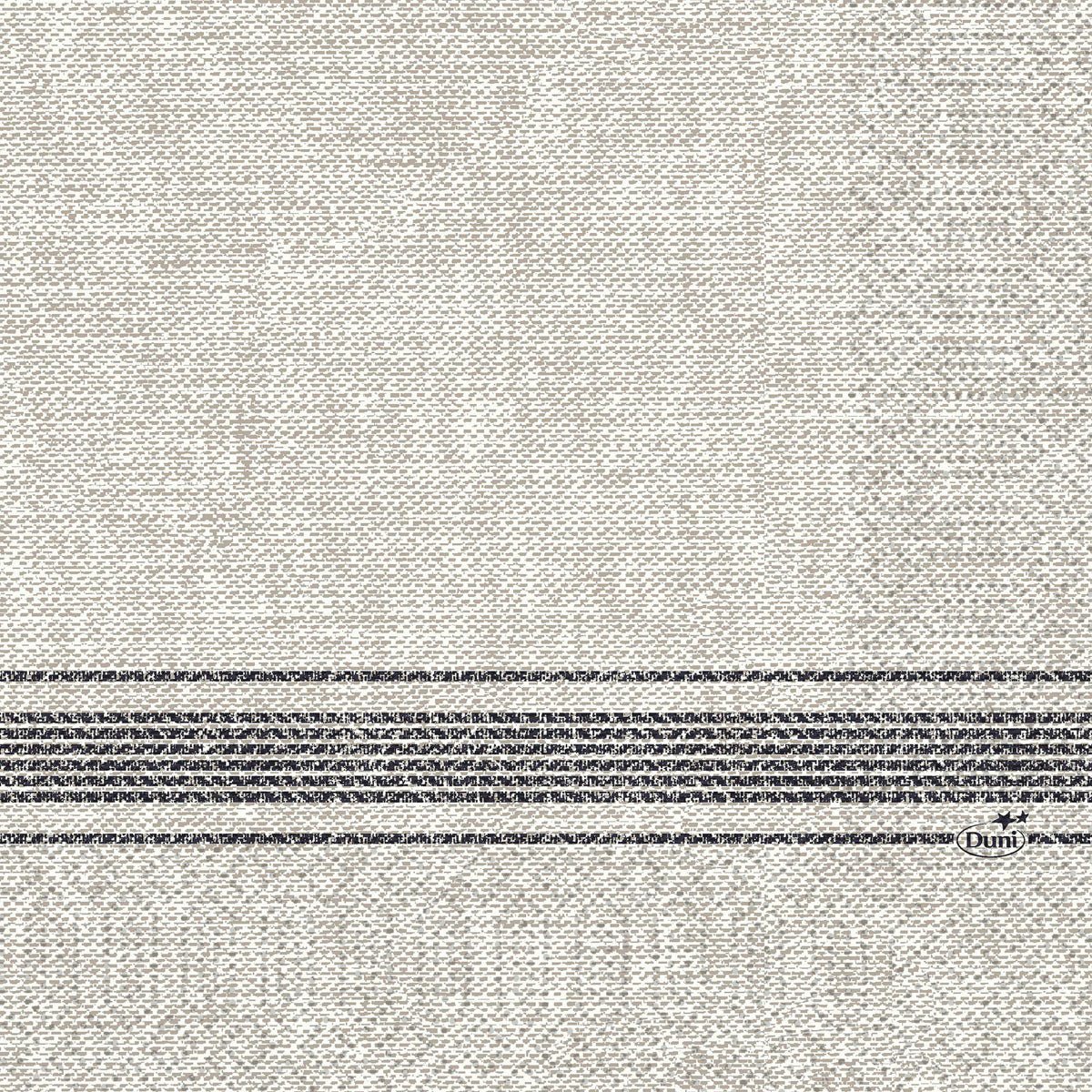 The tissue napkins 33 x 33 cm 3-ply 1/4 fold Cocina black from Duni GmbH have a textured beige fabric with horizontal dark gray stripes at the bottom and the print "Duni" in the striped area. The package contains 250 pieces.