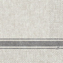 The tissue napkins 33 x 33 cm 3-ply 1/4 fold Cocina black from Duni GmbH have a textured beige fabric with horizontal dark gray stripes at the bottom and the print "Duni" in the striped area. The package contains 250 pieces.
