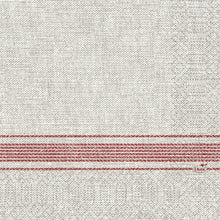 These 33 x 33 cm large, 3-ply tissue napkins from Duni GmbH in Cocina Bordeaux have a beige textured fabric with red horizontal stripes and the "Duni" lettering in red on the edge; the package contains 250 pieces.