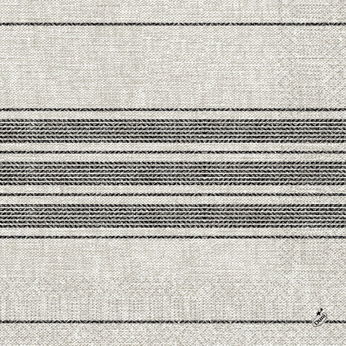 The tissue napkins from Duni GmbH (40 x 40 cm, 3-ply, 1/4 fold) have a light beige background with several black horizontal stripes. With a small lettering at the bottom right. Available in packs of 250 as Cocina black.