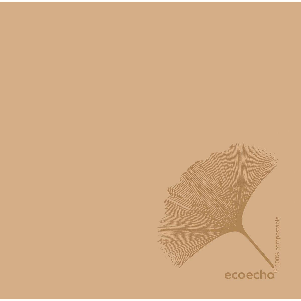 A minimalist image with a single-line ginkgo leaf at the bottom right, labeled "ecoecho", on a light brown background - ideal for Duni GmbH Dunisoft napkins 40 x 40 cm 1/4 fold or other high-quality napkins.