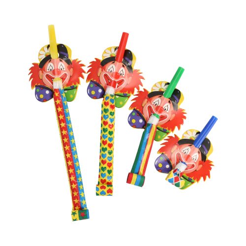 The PAPSTAR party horns "Clowngesicht" (4 pieces) from PAPSTAR GmbH offer colorful, funny clown faces with playful patterns - perfect as cheerful accessories for any children's party. Depicted in a row on a white background.