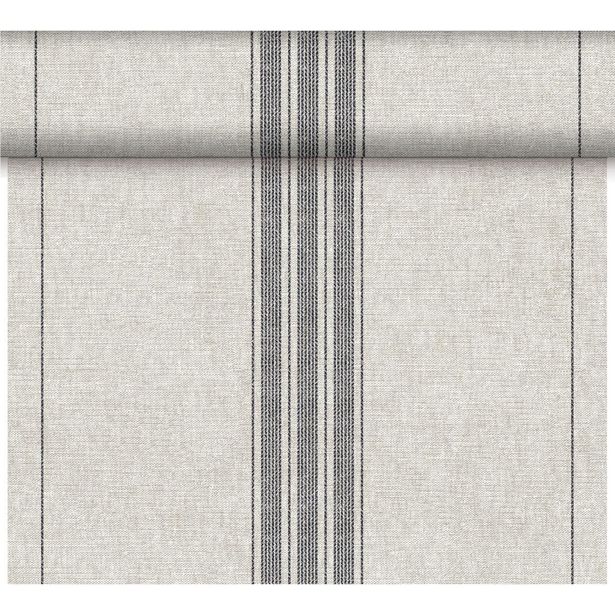 The Dunicel "Tête-à-Tête" table runner from Duni GmbH (24 m x 0.4 m, 20 pieces) comes in light gray with a textured surface and three narrow black stripes—ideal for elegant table settings or stylish tête-à-tête occasions.