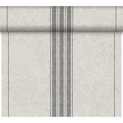 The Dunicel "Tête-à-Tête" table runner from Duni GmbH (24 m x 0.4 m, 20 pieces) comes in light gray with a textured surface and three narrow black stripes—ideal for elegant table settings or stylish tête-à-tête occasions.
