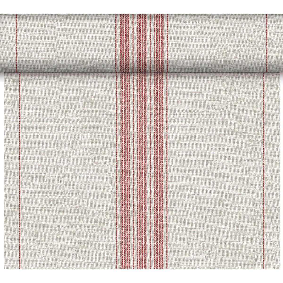 The Dunicel Tête-à-Tête table runner from Duni GmbH (24 m x 0.4 m, 20 sections) is a light beige runner with a woven texture and symmetrical red stripes—ideal for a stylish table setting.