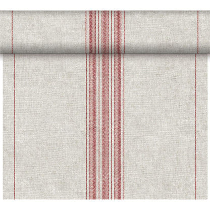 The Dunicel Tête-à-Tête table runner from Duni GmbH (24 m x 0.4 m, 20 sections) is a light beige runner with a woven texture and symmetrical red stripes—ideal for a stylish table setting.