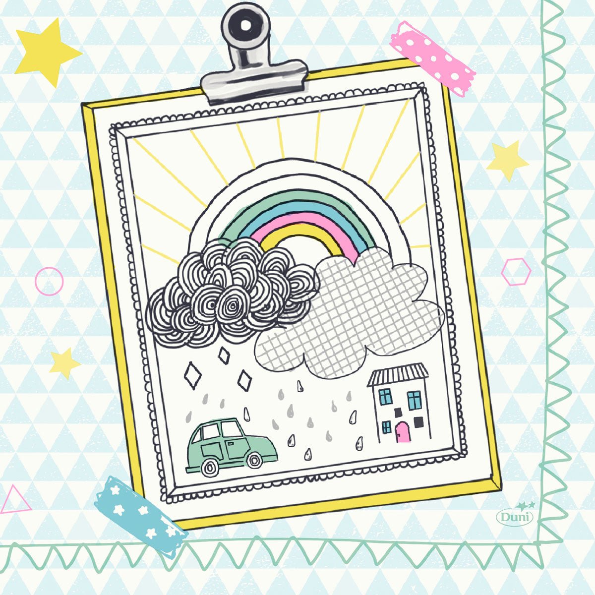 A drawing glued to a board shows a rainbow, clouds, raindrops, a car, and a house on Duni GmbH tissue napkins 33 x 33 cm 3-ply Keep drawing. The background is decorated with geometric patterns and colorful tape at the corners. Pack (50 pieces).