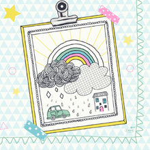 A drawing glued to a board shows a rainbow, clouds, raindrops, a car, and a house on Duni GmbH tissue napkins 33 x 33 cm 3-ply Keep drawing. The background is decorated with geometric patterns and colorful tape at the corners. Pack (50 pieces).