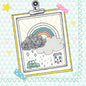 A drawing glued to a board shows a rainbow, clouds, raindrops, a car, and a house on Duni GmbH tissue napkins 33 x 33 cm 3-ply Keep drawing. The background is decorated with geometric patterns and colorful tape at the corners. Pack (50 pieces).
