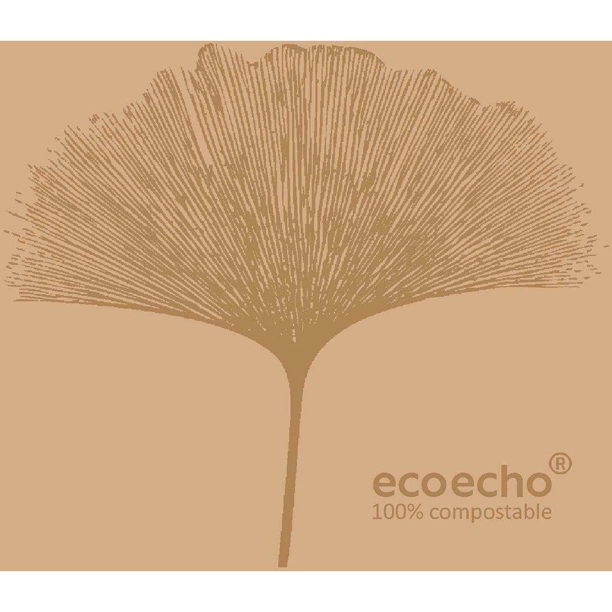 A brown, stylized leaf with radiating veins is centered on a light brown background. In the lower right corner, it says "ecoecho® 100% compostable" - ideal for Dunisoft napkins 20 x 20 cm from Duni GmbH.