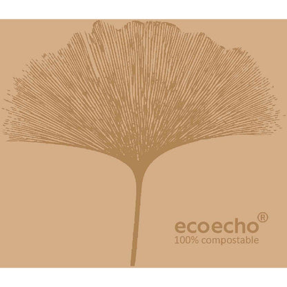 A brown, stylized leaf with radiating veins is centered on a light brown background. In the lower right corner, it says "ecoecho® 100% compostable" - ideal for Dunisoft napkins 20 x 20 cm from Duni GmbH.